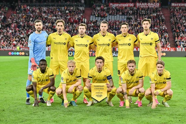 MUNICH, GERMANY; 10. SEPTEMBER: the Starting 11 of Bodo in Munich - Nikita HAIKIN (FK Boko 12), Villads NIELSEN (FK Bodo 2), Odin Luras BJORTUFT (FK Bodo 4) Patrick BERG (FK Bodo 7), Sondre AUKLEND (FK Bodo 8), Andreas HELMERSEN (FK Bodo 9), Ole BLOMBERG (FK Bodo 11), Fredrik Andre BJORKAN (FK Bodo 15), Joshua KITOLANO (FK Bodo 16), Sondre BRUNSTAD FET (FK Bodo 19), Fredrik SJOVOLD (FK Bodo 20) Copyright: xBEAUTIFULxSPORTS Goldbergx