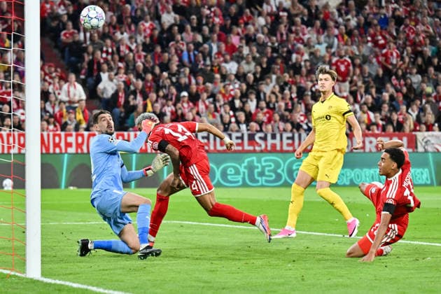 MUNICH, GERMANY; 10. SEPTEMBER: tackle between Nikita HAIKIN (FK Boko 12) and Luis DIAZ (FC Bayern Munich 14) - Jamal MUSIALA (FC Bayern Munich 10) during the Champions League Match between FC Bayern Muenchen vs. FK Bodo Glimt at Matchday 1 at Allianz Arena Copyright: xBEAUTIFULxSPORTS Goldbergx