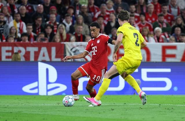 September 10, 2026, GER, Soccer, Men s, UEFA Champions League, Group Stage, 2026–2027 Season, Matchday 1, FC Bayern Munich vs. FK Bodø Glimt; Jamal Musiala (FC Bayern Munich) 10 in a duel against Villads Nielsen (FK Bodø Glimt) 02; Munich, Allianz Arena; Bayern, Germany Copyright: xNordphoto Schneiderx