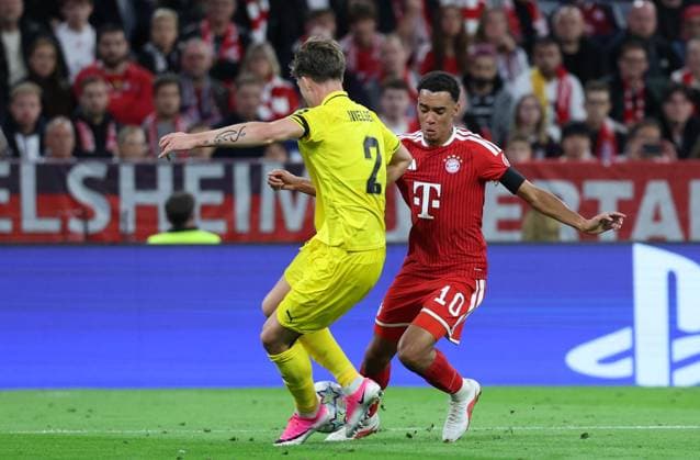 September 10, 2026, GER, Soccer, Men s, UEFA Champions League, Group Stage, 2026–2027 Season, Matchday 1, FC Bayern Munich vs. FK Bodø Glimt; Jamal Musiala (FC Bayern Munich) 10 in a duel against Villads Nielsen (FK Bodø Glimt) 02; Munich, Allianz Arena; Bayern, Germany Copyright: xNordphoto Schneiderx