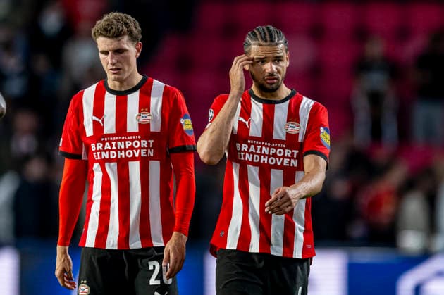 EINDHOVEN l PSV Eindhoven midfielder Guus Til and PSV Eindhoven defender Armando Obispo during the UEFA Champions League match between PSV and Shakhtar Donetsk at Philips Stadion on September 10, 2026, in Eindhoven, the Netherlands. Photo by DeFodi Images