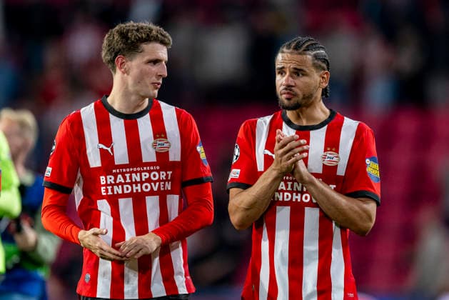 EINDHOVEN l PSV Eindhoven midfielder Guus Til and PSV Eindhoven defender Armando Obispo during the UEFA Champions League match between PSV and Shakhtar Donetsk at Philips Stadion on September 10, 2026, in Eindhoven, the Netherlands. Photo by DeFodi Images