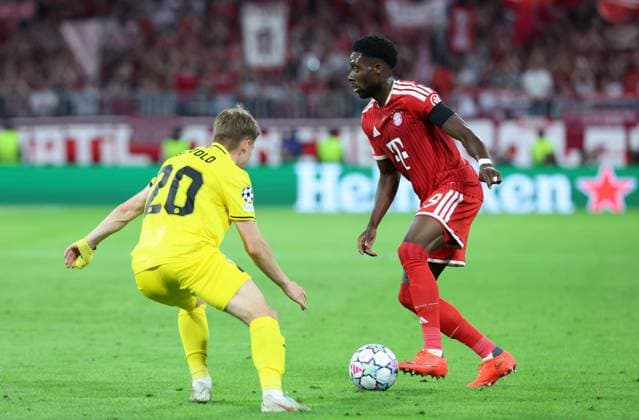 September 10, 2026, GER, Soccer, Men s, UEFA Champions League, Group Stage, 2026–2027 Season, Matchday 1, FC Bayern Munich vs. FK Bodo Glimt Fredrik Sjovold Fredrik Sjovold FK Bodo Glimt 20 in a tackle against Alphonso Davies FC Bayern Munich 19 Munich Allianz Arena Bayern Germany Copyright: xNordphoto Schneiderx