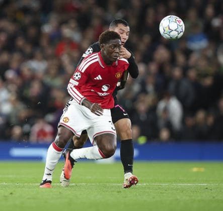 Manchester United, ManU v Sabah, UEFA Champions League, League Stage 10.09.26 Manchester United v Sabah, UEFA Champions League, League Stage Bradley Ormesher The Times Kobbie Mainoo of Manchester United and Umarali Rakhmonaliev of Sabah FK  Copyright: xBradleyxOrmesherx NINTCHDBPICT001107196995