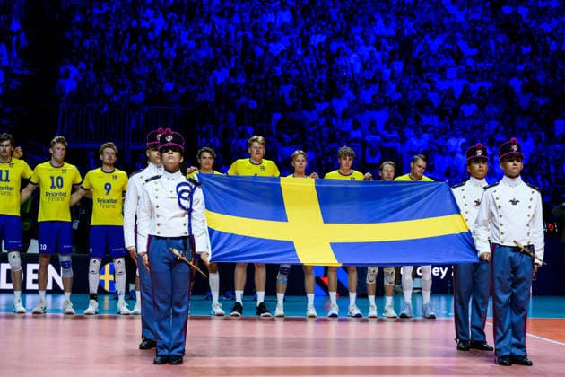 September 10, 2026: Swedish players during the national anthem ahead of the CEV EuroVolley 2026 group stage volleyball match between Italy and Sweden on September 10, 2026 in Naples. Photo by Domenico Cippitelli, BILDBYRAN COP 18 XY0128 volleyball volleyball volleyball European Championship Italy Sweden CEV EuroVolley 2026 Italy Sweden bbeng European Championship  Copyright: DomenicoxCippitelli BB260910BB693