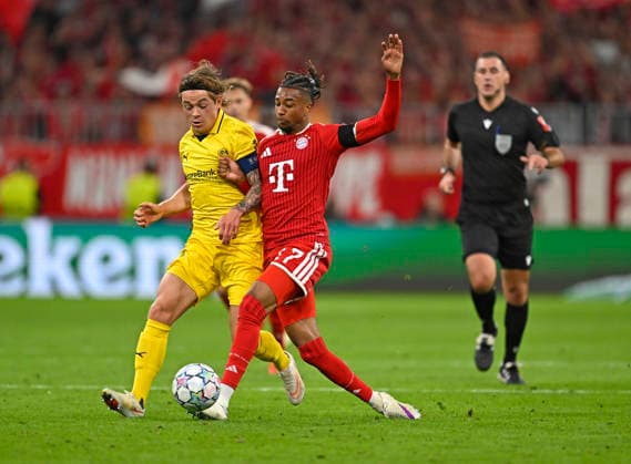 September 10, 2026, Soccer: UEFA Champions League 2026–2027, Matchday 1, FC Bayern Munich vs. FK Bodo Glimt, at the Allianz Arena in Munich; from left: Patrick Berg (FK Bodo Glimt) vs. Michael Olise (FC Bayern Munich)