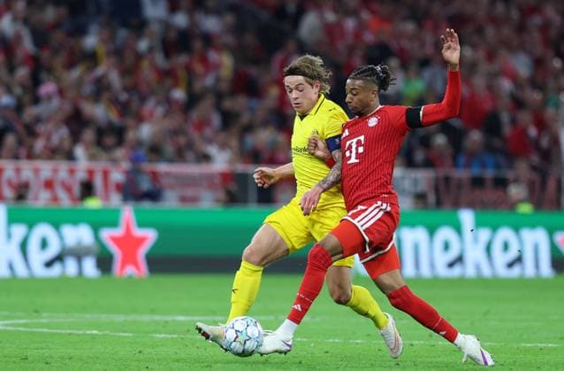 September 10, 2026, GER, Soccer, Men s, UEFA Champions League, Group Stage, 2026–2027 Season, Matchday 1, FC Bayern Munich vs. FK Bodø Glimt: Patrick Berg (FK Bodø Glimt 07) in a tackle against Michael Olise (FC Bayern Munich) 17, Munich, Allianz Arena, Bayern, Germany Copyright: xNordphoto Schneiderx