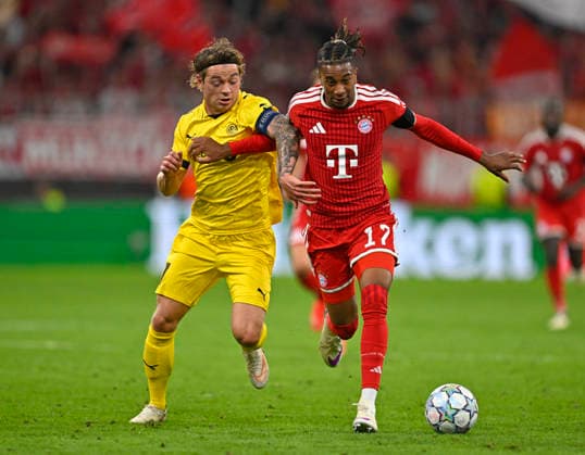 September 10, 2026, Soccer: UEFA Champions League 2026–2027, Matchday 1, FC Bayern Munich vs. FK Bodo Glimt, at the Allianz Arena in Munich; from left: Patrick Berg (FK Bodo Glimt) vs. Michael Olise (FC Bayern Munich)