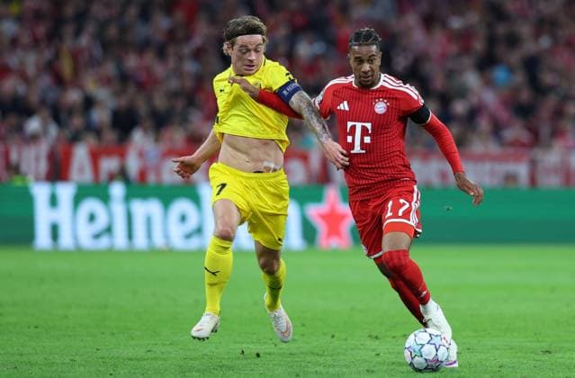 September 10, 2026, GER, Soccer, Men s, UEFA Champions League, Group Stage, 2026–2027 Season, Matchday 1, FC Bayern Munich vs. FK Bodø Glimt: Patrick Berg (FK Bodø Glimt 07) in a tackle against Michael Olise (FC Bayern Munich) 17, Munich, Allianz Arena, Bayern, Germany Copyright: xNordphoto Schneiderx