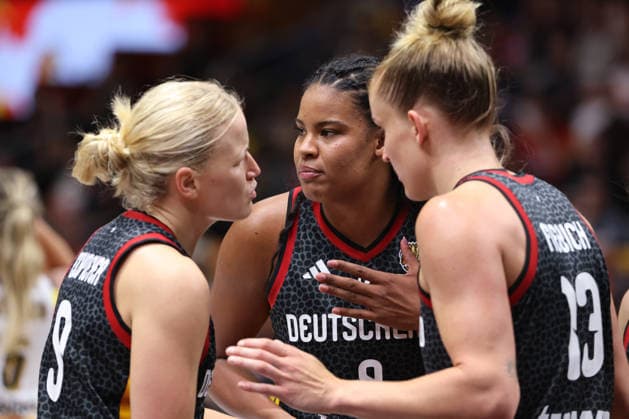 Emma Eichmeyer, Nyara Sabally, Leonie Fiebich, players discussing a play Upper body movement Basketball FIBA World Cup Women s World Championship 2026-2027 season October 9, 2026 Belgium (BEL) vs. DBB Germany (GER)