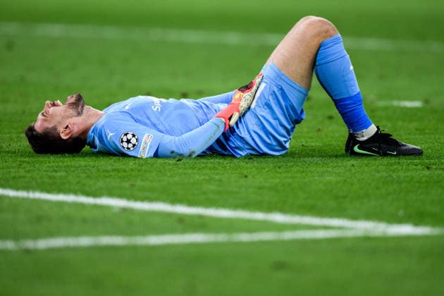 September 10, 2026: Goalkeeper Nikita Haikin of Bodo Glimt in pain during the UEFA Champions League soccer match between Bayern Munich and Bodo Glimt on September 10, 2026 in Munich. Photo by Marius Simensen. BILDBYRAN COP 238 MM0073 bbeng football soccer UEFA Champions League Bodo Glimt Bayern Munich injury  Copyright: MARIUSxSIMENSEN BB260910BB704