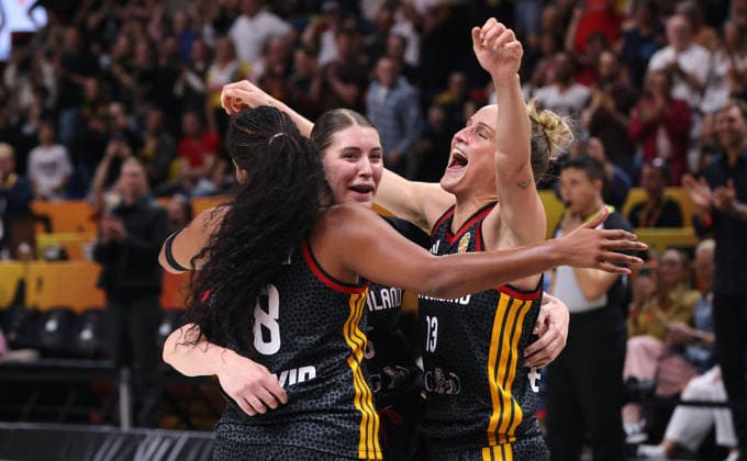 Nyara Sabally, Luisa Geiselsöder, Leonie Fiebich; the German team celebrates after the game and advances to the semifinals. Sports: Basketball, FIBA World Cup, Women s World Championship, 2026-2027 Season, October 9, 2026, Belgium (BEL) vs. DBB Germany (GER)
