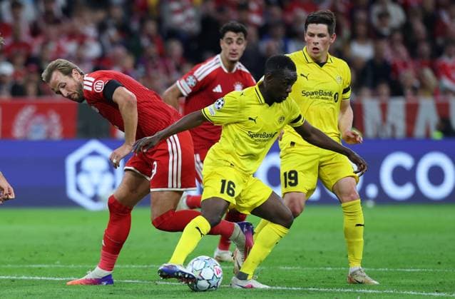 September 10, 2026, GER, Soccer, Men s, UEFA Champions League, Group Stage, 2026–2027 Season, Matchday 1, FC Bayern Munich vs. FK Bodø Glimt: Harry Kane (FC Bayern Munich 09) in a duel against Joshua Kitolano (FK Bodø Glimt 16) on the right, with Sondre Brunstad Fet (FK Bodø Glimt 19) in the background. Munich, Allianz Arena, Bayern, Germany Copyright: xNordphoto Schneiderx