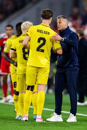 September 10, 2026: Villads Nielsen and Head Coach Kjetil Knutsen of Bodo Glimt during the UEFA Champions League soccer match between Bayern Munich and Bodo Glimt on September 10, 2026 in Munich. Photo by Marius Simensen, BILDBYRAN COP 238 MM0073 bbeng football soccer UEFA Champions League Bodo Glimt Bayern Munich  Copyright: MARIUSxSIMENSEN BB260910BB708