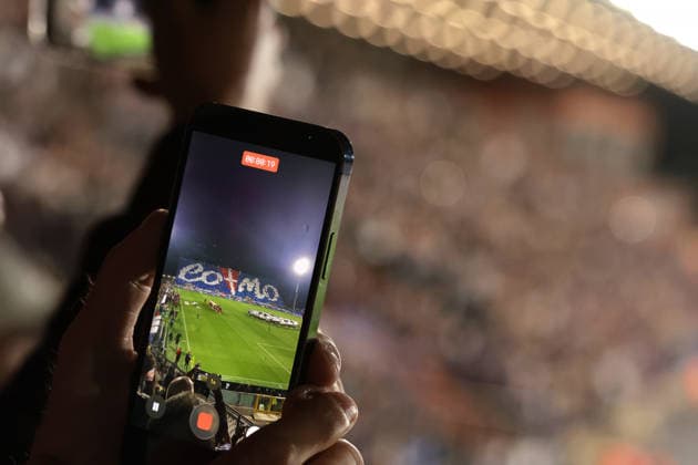 Como 1907 v RB Leipzig - UEFA Champions League - Season 2026-2027 Como, Italy, 10th September 2026. A general view of a fan™s mobile as they caputre footage of the Como 1907 fans™ choreography prior to the Como 1907 vs RB Leipzig UEFA Champions League, group phase match at Stadio Giuseppe Sinigaglia, Como. Picture credit should read: Jonathan Moscrop Como Stadio Giuseppe Sinigaglia Italy