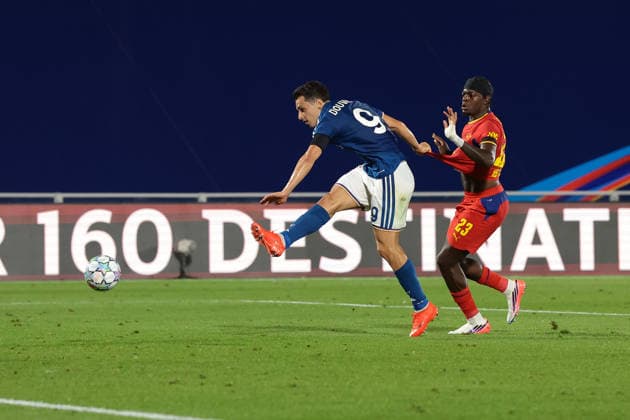 Como 1907 v RB Leipzig - UEFA Champions League - Season 2026-2027 Como, Italy, 10th September 2026. Anastasios Douvikas of Como 1907 scores to give the hosts a 2-0 lead during the Como 1907 vs RB Leipzig UEFA Champions League, group phase match at Stadio Giuseppe Sinigaglia, Como. Picture credit should read: Jonathan Moscrop Como Stadio Giuseppe Sinigaglia Italy