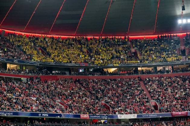 Bodo Glimt fans who traveled from Norway in the German visitors section, FC Bayern Munich vs. FK Bodo Glimt, soccer, UEFA Champions League, group stage, Matchday 1, 2026–2027 season, September 10, 2026 DFL DFB regulations prohibit any use of photographs as image sequences and or quasi-video. Photo: HMB Media, Heike Feiner Copyright: HMBxMedia HeikexFeiner