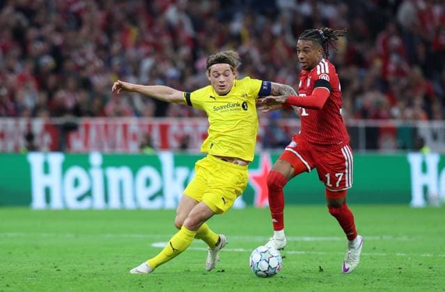 September 10, 2026, GER, Soccer, Men s, UEFA Champions League, Group Stage, 2026–2027 Season, Matchday 1, FC Bayern Munich vs. FK Bodo Glimt Patrick Berg (FK Bodo Glimt 07) in a duel with Michael Olise (FC Bayern Munich) 17 Munich, Allianz Arena, Bayern, Germany Copyright: xNordphoto Schneiderx
