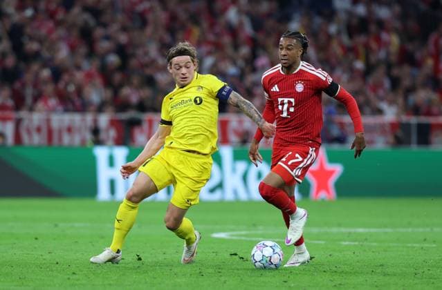 September 10, 2026, GER, Soccer, Men s, UEFA Champions League, Group Stage, 2026–2027 Season, Matchday 1, FC Bayern Munich vs. FK Bodo Glimt Patrick Berg (FK Bodo Glimt 07) in a duel with Michael Olise (FC Bayern Munich) 17 Munich, Allianz Arena, Bayern, Germany Copyright: xNordphoto Schneiderx