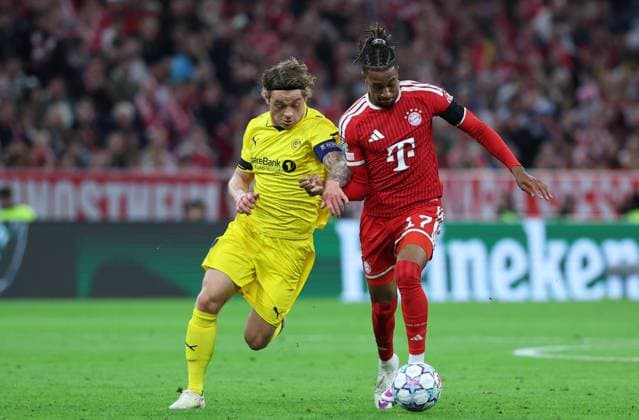 September 10, 2026, GER, Soccer, Men s, UEFA Champions League, Group Stage, 2026–2027 Season, Matchday 1, FC Bayern Munich vs. FK Bodo Glimt Patrick Berg (FK Bodo Glimt 07) in a duel with Michael Olise (FC Bayern Munich) 17 Munich, Allianz Arena, Bayern, Germany Copyright: xNordphoto Schneiderx