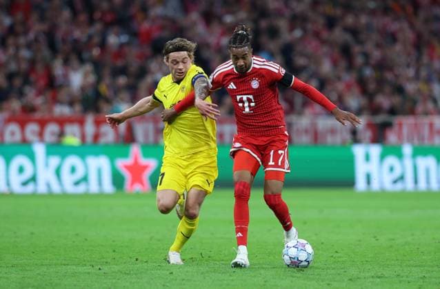 September 10, 2026, GER, Soccer, Men s, UEFA Champions League, Group Stage, 2026–2027 Season, Matchday 1, FC Bayern Munich vs. FK Bodø Glimt: Patrick Berg (FK Bodø Glimt 07) in a duel with Michael Olise (FC Bayern Munich) at the Allianz Arena in Munich, Bavaria, Germany Copyright: xNordphoto Schneiderx