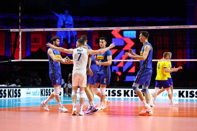 Italiano celebrates during the opening match of the CEV Enel Eurovolley 2026, between Italy and Sweden, Piazza del Plebiscito, Naples, September 10, 2026.  Copyright: xAlessandroxGarofalo LaPressex