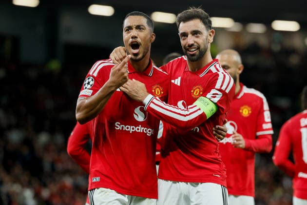 Manchester United, ManU v Sabah FC - UEFA Champions League 2026 27 League Phase MD1 Youri Tielemans and Bruno Fernandes of Manchester United celebrate 2nd goal during the UEFA Champions League 2026 27 League Phase MD1 match between Manchester United and Sabah FC at Old Trafford on September 10, 2026 in Manchester, England. Manchester Old Trafford England United Kingdom Copyright: xAllstarxPicturexLibraryxLtdx