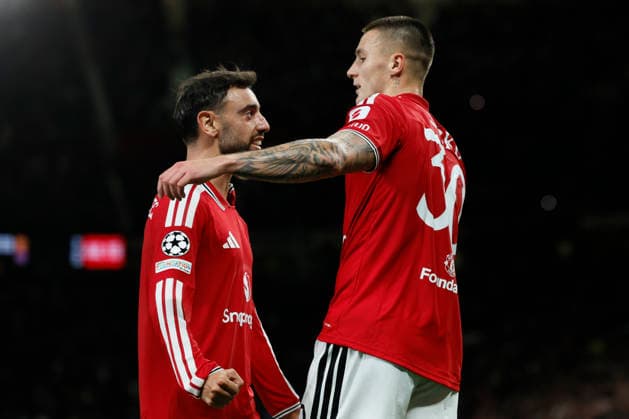 Manchester United, ManU v Sabah FC - UEFA Champions League 2026 27 League Phase MD1 Bruno Fernandes and Benjamin Sesko of Manchester United celebrate 3rd goal during the UEFA Champions League 2026 27 League Phase MD1 match between Manchester United and Sabah FC at Old Trafford on September 10, 2026 in Manchester, England. Manchester Old Trafford England United Kingdom Copyright: xAllstarxPicturexLibraryxLtdx