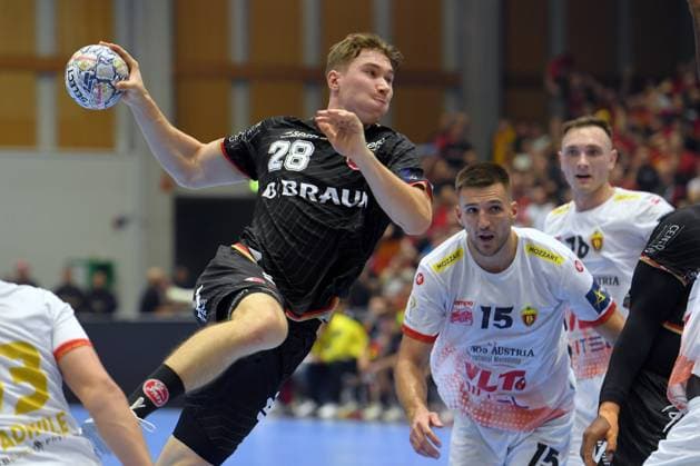Luca Sigrist, MT Melsungen 28, on a shot; Leon Ljevar, HC Vardar Skopje 15, GER, MT Melsungen vs. HC Vardar Skopje 1961 MKD, Handball, Men s Champions League, Group Matches, 2026–2027 Season, September 10, 2026, GER, MT Melsungen vs. HC Vardar Skopje, Handball, Men’s Champions League, Group Match, 2026–2027 Season, September 10, 2026, Kassel Copyright: xEibner-Pressefotox xRolandxSippelx EP_RSL