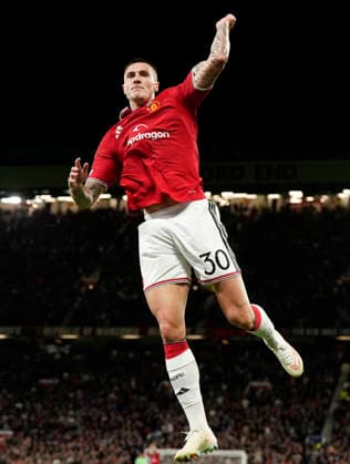 Manchester, England, 10th September 2026. Benjamin Sesko of Manchester United, ManU celebrates scoring their third goal during the Manchester United vs Sabah UEFA Champions League match at Old Trafford, Manchester. Picture credit should read: Andrew Yates Sportimage EDITORIAL USE ONLY. No use with unauthorised audio, video, data, fixture lists, club league logos or live services. Online in-match use limited to 120 images, no video emulation. No use in betting, games or single club league player publications. SPI_039_AY_Man_Utd_Sabah SPI-4989-0039