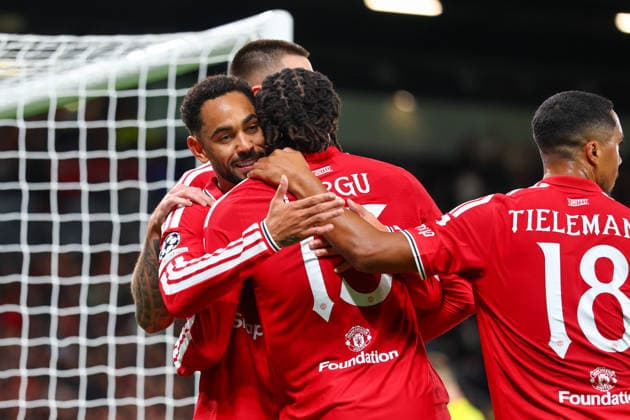 RECORD DATE NOT STATED 10th September 2026; Old Trafford, Manchester, England; UEFA Champions League Football, Manchester United, ManU versus Sabah; Matheus Cunha of Manchester United scores to make it 1-0 in the 27th minute and is congratulated by team mates RogerxEvans