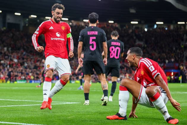 RECORD DATE NOT STATED 10th September 2026; Old Trafford, Manchester, England; UEFA Champions League Football, Manchester United, ManU versus Sabah; Bruno Fernandes of Manchester United celebrates with Youri Tielemans after scoring to make it 2-0 in the 43rd minute RogerxEvans