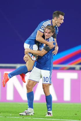 Como™s Tasos Douvikas celebrates after scoring 2-0 , Como™s Nico Paz during the UEFA Champions League football match between Como and RB Leipzig - Champions League 2026 2027 - Giuseppe Sinigallia in Como , north Italy - Thursday , September 10 , 2026. - Soccer  Copyright: xSpada LaPressex