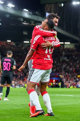 RECORD DATE NOT STATED 10th September 2026; Old Trafford, Manchester, England; UEFA Champions League Football, Manchester United, ManU versus Sabah; Bruno Fernandes of Manchester United celebrates with Youri Tielemans after scoring to make it 2-0 in the 43rd minute RogerxEvans