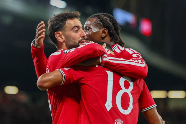 RECORD DATE NOT STATED 10th September 2026; Old Trafford, Manchester, England; UEFA Champions League Football, Manchester United, ManU versus Sabah; Bruno Fernandes of Manchester United celebrates after scoring to make it 2-0 in the 43rd minute RogerxEvans
