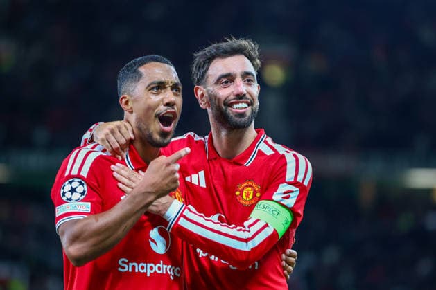 RECORD DATE NOT STATED 10th September 2026; Old Trafford, Manchester, England; UEFA Champions League Football, Manchester United, ManU versus Sabah; Bruno Fernandes of Manchester United celebrates with Youri Tielemans after scoring to make it 2-0 in the 43rd minute RogerxEvans