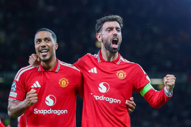 RECORD DATE NOT STATED 10th September 2026; Old Trafford, Manchester, England; UEFA Champions League Football, Manchester United, ManU versus Sabah; Bruno Fernandes of Manchester United celebrates with Youri Tielemans after scoring to make it 2-0 in the 43rd minute RogerxEvans