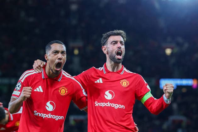 RECORD DATE NOT STATED 10th September 2026; Old Trafford, Manchester, England; UEFA Champions League Football, Manchester United, ManU versus Sabah; Bruno Fernandes of Manchester United celebrates with Youri Tielemans after scoring to make it 2-0 in the 43rd minute RogerxEvans