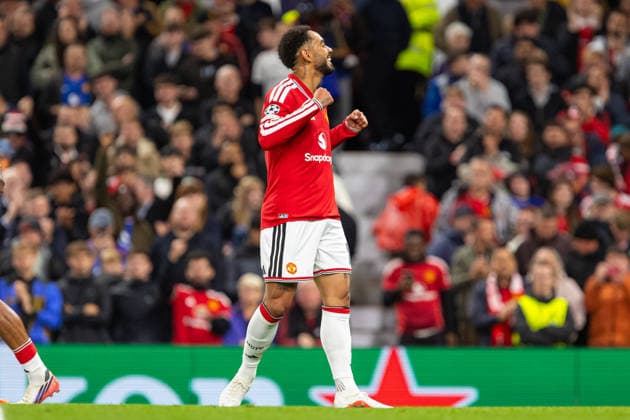 Matheus Cunha seen celebrating after goal during UEFA Champions League 2026 2027 league phase game between teams of Manchester United, ManU and Sabah FC (Ernest Kolodziej Ball Raw Images) Manchester Old Trafford England Copyright: xErnestxKolodziejx ernestkolodziej_manchester_sabah_2627_OL_2264