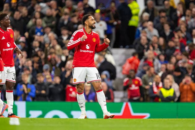 Matheus Cunha seen celebrating after goal during UEFA Champions League 2026 2027 league phase game between teams of Manchester United, ManU and Sabah FC (Ernest Kolodziej Ball Raw Images) Manchester Old Trafford England Copyright: xErnestxKolodziejx ernestkolodziej_manchester_sabah_2627_OL_2266