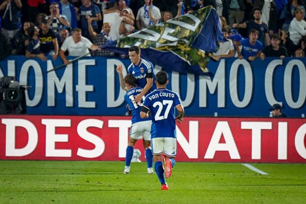 Italy Soccer UEFA Champions League 2026–2027, Matchday 1: Como 1907 vs. RB Leipzig; Giuseppe Sinigaglia, Como; Goal and celebration of the 2–0 score by Tasos Douvikas, Como 1907; 9: Joy, emotions, cheering Copyright: xJOERANxSTEINSIEKx