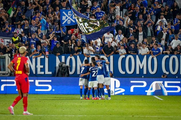 Italy Soccer UEFA Champions League 2026–2027, Matchday 1: Como 1907 vs. RB Leipzig; Giuseppe Sinigaglia, Como; Goal and celebration of the 2–0 score by Tasos Douvikas, Como 1907; 9; Joy, emotions, celebration; Antonio Nusa, RB Leipzig; 7 Copyright: xJOERANxSTEINSIEKx