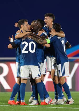 Como 1907 v RB Leipzig - UEFA Champions League - Season 2026-2027 Como, Italy, 10th September 2026. Anastasios Douvikas of Como 1907 celebrates with team mates Martin Baturina, Lucas Da Cunha, Assane Diao, Nico Paz and Jacobo Ramon after scoring to give the hosts a 2-0 lead during the Como 1907 vs RB Leipzig UEFA Champions League, group phase match at Stadio Giuseppe Sinigaglia, Como. Picture credit should read: Jonathan Moscrop Como Stadio Giuseppe Sinigaglia Italy