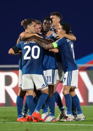 Como 1907 v RB Leipzig - UEFA Champions League - Season 2026-2027 Como, Italy, 10th September 2026. Anastasios Douvikas of Como 1907 celebrates with team mates Martin Baturina, Lucas Da Cunha, Assane Diao, Nico Paz and Jacobo Ramon after scoring to give the hosts a 2-0 lead during the Como 1907 vs RB Leipzig UEFA Champions League, group phase match at Stadio Giuseppe Sinigaglia, Como. Picture credit should read: Jonathan Moscrop Como Stadio Giuseppe Sinigaglia Italy