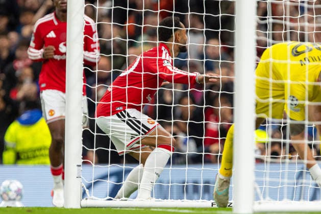 Matheus Cunha seen celebrating after goal during UEFA Champions League 2026 2027 league phase game between teams of Manchester United, ManU and Sabah FC (Ernest Kolodziej Ball Raw Images) Manchester Old Trafford England Copyright: xErnestxKolodziejx ernestkolodziej_manchester_sabah_2627_OL_2190