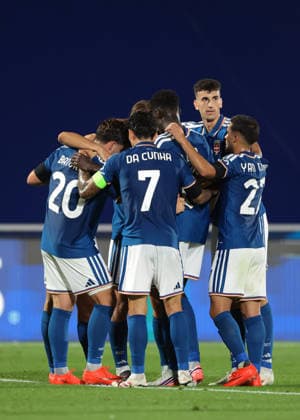 Como 1907 v RB Leipzig - UEFA Champions League - Season 2026-2027 Como, Italy, 10th September 2026. Anastasios Douvikas of Como 1907 celebrates with team mates Martin Baturina, Lucas Da Cunha, Assane Diao, Nico Paz and Jacobo Ramon after scoring to give the hosts a 2-0 lead during the Como 1907 vs RB Leipzig UEFA Champions League, group phase match at Stadio Giuseppe Sinigaglia, Como. Picture credit should read: Jonathan Moscrop Como Stadio Giuseppe Sinigaglia Italy