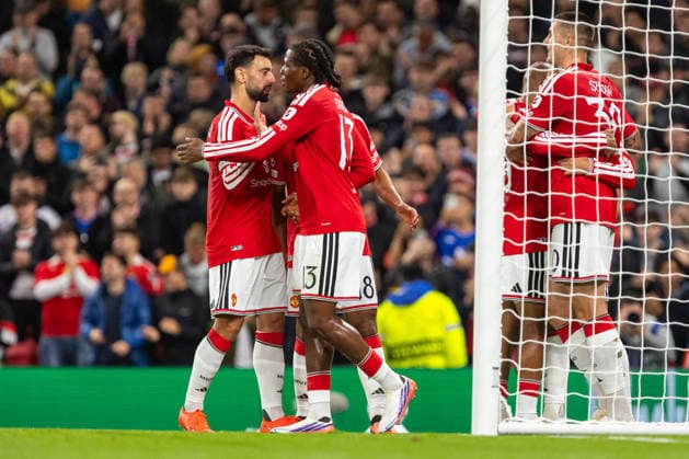 Players of Manchester United, ManU seen celebrating after goal during UEFA Champions League 2026 2027 league phase game between teams of Manchester United and Sabah FC (Ernest Kolodziej Ball Raw Images) Manchester Old Trafford England Copyright: xErnestxKolodziejx ernestkolodziej_manchester_sabah_2627_OL_2225