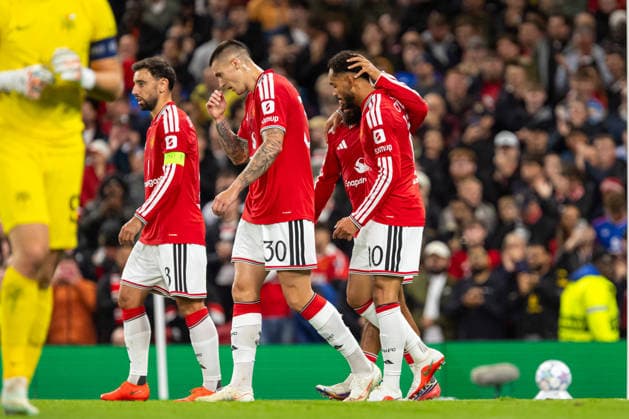 Matheus Cunha seen celebrating after goal during UEFA Champions League 2026 2027 league phase game between teams of Manchester United, ManU and Sabah FC (Ernest Kolodziej Ball Raw Images) Manchester Old Trafford England Copyright: xErnestxKolodziejx ernestkolodziej_manchester_sabah_2627_OL_2237