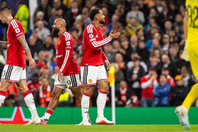Matheus Cunha seen celebrating after goal during UEFA Champions League 2026 2027 league phase game between teams of Manchester United, ManU and Sabah FC (Ernest Kolodziej Ball Raw Images) Manchester Old Trafford England Copyright: xErnestxKolodziejx ernestkolodziej_manchester_sabah_2627_OL_2242