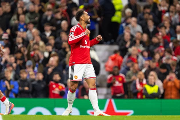 Matheus Cunha seen celebrating after goal during UEFA Champions League 2026 2027 league phase game between teams of Manchester United, ManU and Sabah FC (Ernest Kolodziej Ball Raw Images) Manchester Old Trafford England Copyright: xErnestxKolodziejx ernestkolodziej_manchester_sabah_2627_OL_2265
